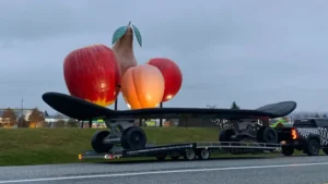 Giant skateboard being transported on a truck